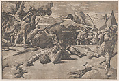David and Goliath, Ugo da Carpi  Italian, Chiaroscuro woodcut from three blocks in brown
