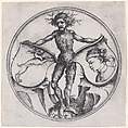 Wild Man Holding a Shield with a Hare and a Shield with a Moor's Head, Martin Schongauer  German, Engraving