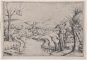 River Landscape with Three Bare Willow-Trees at Right and a Long Winding Wooden Bridge at Center Leading to a Village, Augustin Hirschvogel German, Etching