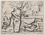 Adam and Eve Eating the Forbidden Fruit, from "Old and New Testaments", Augustin Hirschvogel German, Etching