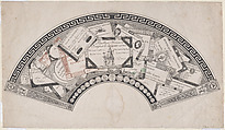 Fan design with Republican assignats (French revolutionary money), Anonymous, French, 18th century  French, Etching, a small portion printed in red