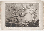Plate 7 from 'The collection of the most notable things seen by John Wilkins, erudite English bishop, on his famous trip from the Earth to the Moon... (Raccolta delle cose più notabili Vedute da Giovanni Wilkins erudito Vescove Inglese nel suo famoso viaggio dalla Terra alla Luna...): 'Pumpkins used as dwellings to secure against wild beasts' (Zucche che servono d'abitazioni per garantirsi dalle fiere), Filippo Morghen Italian, Etching and aquatint
