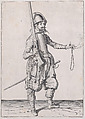A soldier holding up his caliver in his right hand and extending his left to receive it, from the Marksmen series, plate 3, in Waffenhandlung von den Rören Musquetten undt Spiessen / Wapenhandelinghe van Roers Musquetten Ende Spiessen (The Exercise of Arms), Jacques de Gheyn II Netherlandish, Engraving; second state of two (New Hollstein)