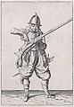 A soldier pouring powder into the pan, from the Marksmen series, plate 16, in Waffenhandlung von den Rören Musquetten undt Spiessen / Wapenhandelinghe van Roers Musquetten ende Spiessen (The Exercise of Arms), Jacques de Gheyn II Netherlandish, Engraving; second state of two (New Hollstein)