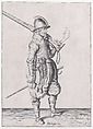 A soldier holding his caliver, from the Marksmen series, plate 1, in Waffenhandlung von den Rören Musquetten undt Spiessen / Wapenhandelinghe van Roers Musquetten Ende Spiessen (The Exercise of Arms), Jacques de Gheyn II Netherlandish, Engraving; third state of three (New Hollstein)