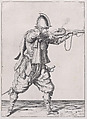 A soldier taking aim, from the Marksmen series, plate 11, in Waffenhandlung von den Rören Musquetten undt Spiessen / Wapenhandelinghe van Roers Musquetten ende Spiessen (The Exercise of Arms), Jacques de Gheyn II Netherlandish, Engraving; second state of two (New Hollstein)