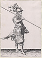 A soldier carrying his pike at the slope, from the Lansquenets series, plate 11, in "Waffenhandlung von den Rören Musquetten undt Spiessen / Wapenhandelinghe van Roers Musquetten ende Spiessen" (The Exercise of Arms), Jacques de Gheyn II Netherlandish, Engraving; second state of three (New Hollstein)