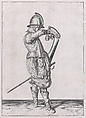 A soldier charging his caliver which is held stock down, from the Marksmen series, plate 23, in Waffenhandlung von den Rören Musquetten undt Spiessen / Wapenhandelinghe van Roers Musquetten ende Spiessen (The Exercise of Arms), Jacques de Gheyn II Netherlandish, Engraving; second state of two (New Hollstein)