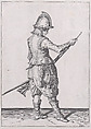 A soldier ramming home powder and bullet with the ramrod, from the Marksmen series, plate 26, in Waffenhandlung von den Rören Musquetten undt Spiessen / Wapenhandelinghe van Roers Musquetten ende Spiessen (The Exercise of Arms), Jacques de Gheyn II Netherlandish, Engraving; second state of two (New Hollstein)