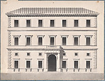 Architectural Study of a Renaissance Palace, Anonymous, Italian, 18th or early 19th century Italian, Pen and gray ink, light gray and black wash, addition of blue paper on the four sides