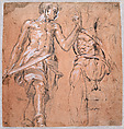 Two studies of a Standing Man with a Sword (Alexander the Great); verso: Studies of a Leg, an Arm, a Hand, and a Figure's Neck, Peter Candid (Pieter de Witte, Pietro Candido) (Netherlandish, Bruges ca. 1548–1628 Munich), Pen and black ink, heightened with white gouache, over black and red chalk, on off-white paper prepared with pink gouache