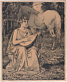 Woman playing a lute in the meadow, Hans Thoma German, Lithograph in black and green-gray ink on vellum paper