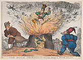 The Mock Phoenix!!! Or a Vain Attempt to Rise Again, Thomas Rowlandson British, Hand-colored etching