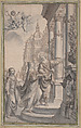 Design for a Frontispiece: A Man Guiding a Crowned Woman and her Attendants to the Entrance of a Palace, Grégoire Huret (French, Lyon 1606–1670 Paris), Pen and brown ink, brush and gray wash over traces of black chalk