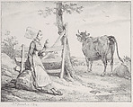 Girl in French Provincial Costume with Distaff; Cow Right, Horace Vernet  French, Lithograph; only state