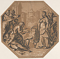 People paying homage to Psyche's beauty, Niccolò Vicentino  Italian, Chiaroscuro woodcut from three blocks in brown, probably first state