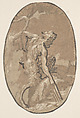 Marsyas drawing the Syrinx from the river, Niccolò Vicentino (Italian, active ca. 1510–ca. 1550), Chiaroscuro woodcut from four blocks in brown, trimmed around oval
