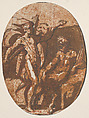 The contest between Apollo and Marysas, Niccolò Vicentino (Italian, active ca. 1510–ca. 1550), Chiaroscuro woodcut from four blocks in brown; Greek text printed in red on verso