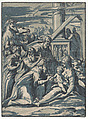 Adoration of the Magi, Niccolò Vicentino  Italian, Chiaroscuro woodcut from three blocks in blue