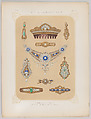 Jewelry Designs in Gold, Diamonds and Other Precious Stones, Plate 7 from "L'Art de la Bijouterie", Jean Francois Barousse French, Color lithograph