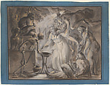 A Nightmare, Giovanni David Italian, Pen and black and gray ink with gray and brown wash, heightened with white and yellow, over black chalk, set within a fictive mount, drawn with a blue wash border and black ink framing lines