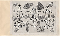 Blackwork Designs with Acrobats, Butterflies and Other Insects, Plate 3 from a Series of Blackwork Ornaments combined with Figures, Birds, Animals and Flowers, Meinert Gelijs  Dutch, Blackwork and engraving