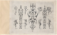 Blackwork Designs with Flowers and Commedia dell'Arte Figures, Plate 4 from a Series of Blackwork Ornaments combined with Figures, Birds, Animals and Flowers, Meinert Gelijs  Dutch, Blackwork and engraving