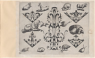 Blackwork Designs with Various Mammals and Birds, Plate 5 from a Series of Blackwork Ornaments combined with Figures, Birds, Animals and Flowers, Meinert Gelijs  Dutch, Blackwork and engraving