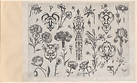 Blackwork Designs with Flowers, Plate 6 from a Series of Blackwork Ornaments combined with Figures, Birds, Animals and Flowers, Meinert Gelijs  Dutch, Blackwork and engraving