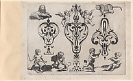 Blackwork Designs with Putti and Felines, Plate 8 from a Series of Blackwork Ornaments combined with Figures, Birds, Animals and Flowers, Meinert Gelijs  Dutch, Blackwork and engraving