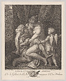 Venus mourning Adonis, seated beneath a tree and embracing him, with Cupid at right, Gérard René Le Vilain  French, Engraving