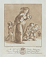A young girl walks towards the left with one infant on her shoulder and holding another small child's hand, while two children walk at right with a torch and a basket, Stefano Mulinari  Italian, Etching with brown wash on light blue laid paper