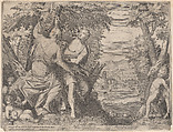 Angelica and Medoro; they stand next to a stream as Medoro carves their names into a tree, a putto is seated at left with a torch and another putto walks towards them with a goat, Aegidius Sadeler II  Netherlandish, Engraving