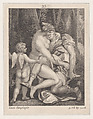 Venus mourning Adonis, seated beneath a tree and embracing him, with Cupid at left, Anonymous, Etching and stipple