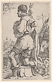 Saint Roch, kneeling on a stone, seen from the side with his dog behind him and a townscape in the background at left, Giuseppe Caletti, called Cremonese (Italian, active Ferrara, 1600–1660), Etching; first state of three