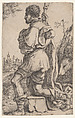 Saint Roch, kneeling on a stone, seen from the side with his dog behind him and a townscape in the background at left, Giuseppe Caletti, called Cremonese Italian, Etching; first state of three