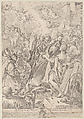 A saint at right, Saint John Nepomuk (?), surrounded by figures, raising his hands towards angels at upper left, Anonymous, Etching