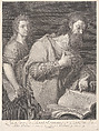 Saint Matthew, standing before a book at right with a hand on his chest, another man behind him at left, Carlo Faucci  Italian, Engraving