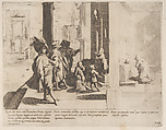 Episode 4: The Young Saint Bernardino preaches to a group of boys while important men admire him; Episode 5: The Young Saint Bernardino scourges himself; Episode 6: Saint Bernardino's cousin prays before an image of the Virgin, from "The Life of Saint Bernardino of Siena", Bernardino Capitelli  Italian, Etching; second state of two
