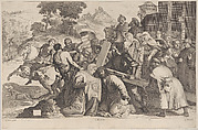 Road to Calvary, at center Veronica kneels before Christ and holding the Sudarium, Coryn Boel Dutch, Etching