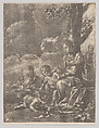 The Holy Family with the infant Saint John kissing Christ's feet, Anonymous, Mezzotint; reverse copy