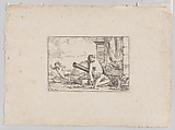 Fire, represented by Venus seated before Vulcan's forge, with armor, a cannon, and cannon balls surrounding her, she turns her head toward Cupid, who stretches his body away from her, from "The Elements", Giulio Carpioni Italian, Etching