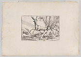 Earth, represented by Cybele seated at the base of a tree with fruits of the earth spread before her, a cupid with a torch approaches from the right, a stag and hound look toward Cybele from the left, from "The Elements", Giulio Carpioni Italian, Etching