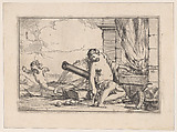 Fire, represented by Venus seated before Vulcan's forge, with armor, a cannon, and cannon balls surrounding her, she turns her head toward Cupid, who stretches his body away from her, from "The Elements", Giulio Carpioni Italian, Etching
