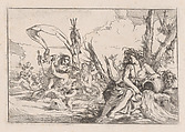 Water, represented by a naiad seated at the base of a tree and resting her arm on a supine urn from which water flows, behind her a triton and other inhabitants of the sea rise from the water surface, from "The Elements", Giulio Carpioni Italian, Etching