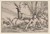 Earth, represented by Cybele seated at the base of a tree with fruits of the earth spread before her, a cupid with a torch approaches from the right, a stag and hound look toward Cybele from the left, from 