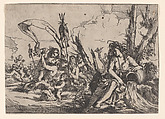 Water, represented by a naiad seated at the base of a tree and resting her arm on a supine urn from which water flows, behind her a triton and other inhabitants of the sea rise from the water surface, from "The Elements", Giulio Carpioni (Italian, Venice 1613–1678 Venice), Etching