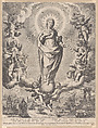 The Virgin in Glory, standing on clouds and surrounded by angels holding the symbols of the Immaculate Conception, Cornelis Galle I  Netherlandish, Engraving