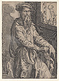 Portrait of Baccio Bandinelli, in three-quarter length next to a window pane containing a statuette and statuette fragments, the artist grasps with his right hand the head of a statuette resting at his left side, Niccolò della Casa (French, active Italy, ca. 1543–48), Engraving; first state of two