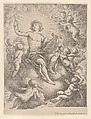 Apollo, seated on a cloud and holding a lyre and pipe, surrounded by putti, Giovanni Battista Catenaro Italian, Etching